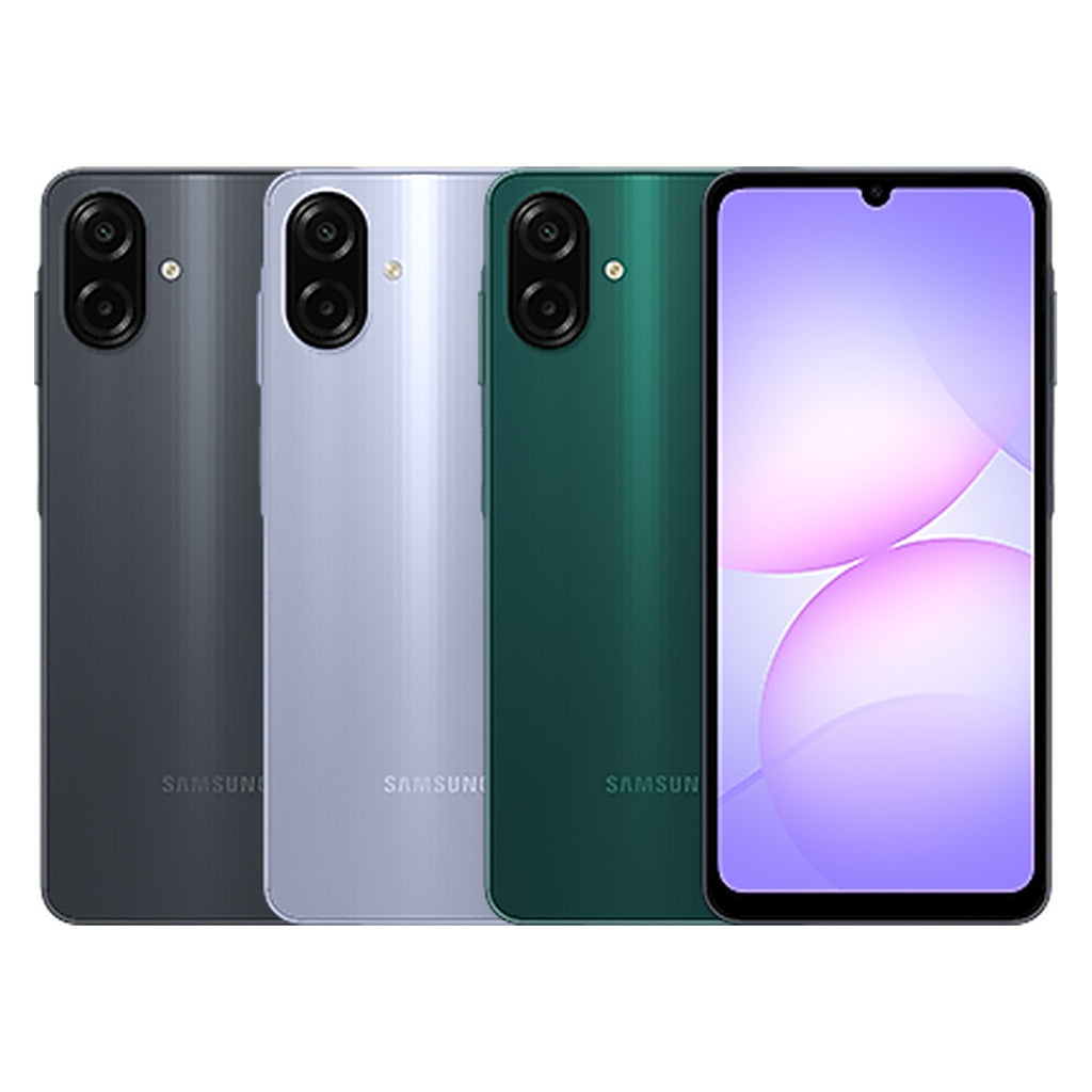Samsung Galaxy A07 in Black, Light Violet and Green