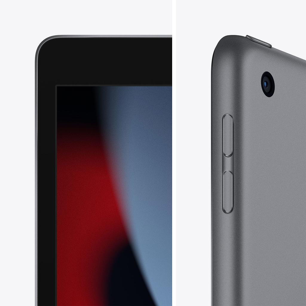 Apple iPad 9th Gen Space Gray side view showing camera and volume buttons