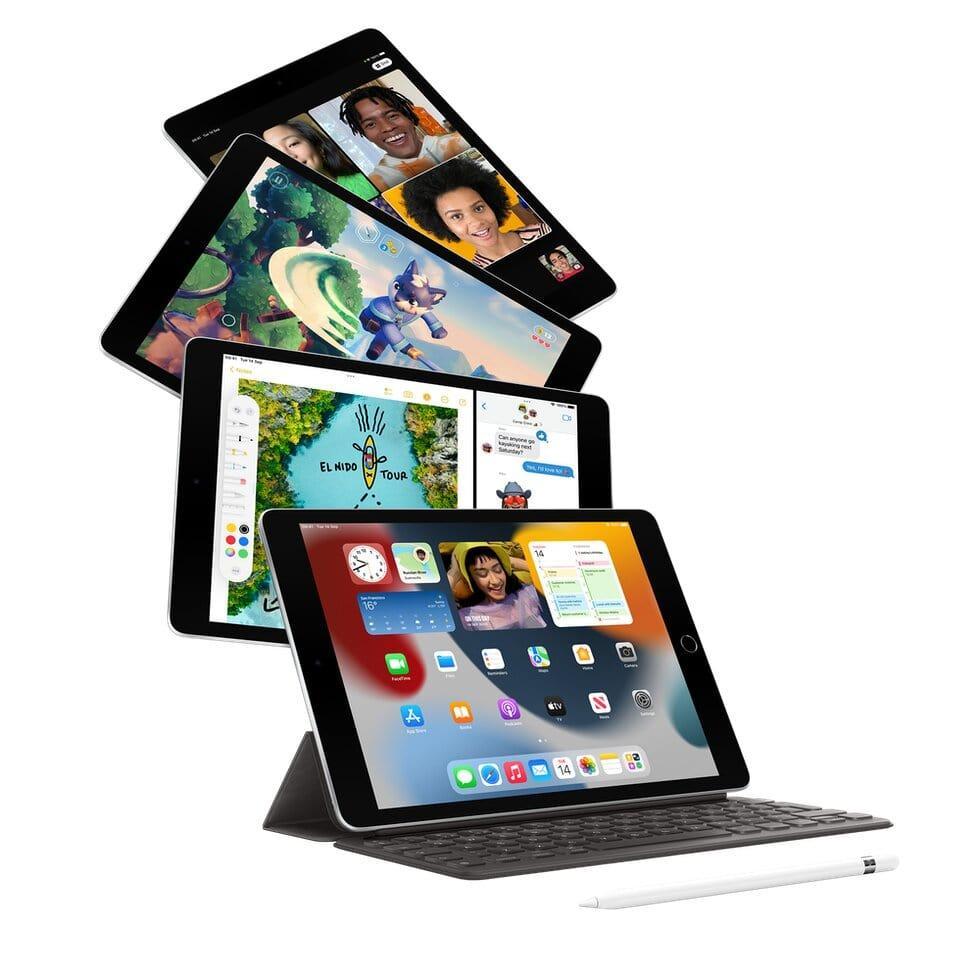 Apple iPad 9th Gen Space Gray lifestyle photo with Apple Pencil and Smart Keyboard