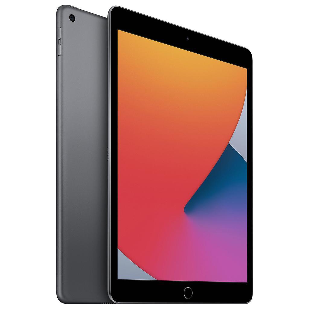 Apple iPad 8th Generation in Space Grey, angled front and back view (colour not included in this Silver listing)